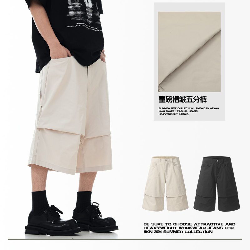 打褶11KN透气七分裤美式显瘦直筒简约工装宽松男女超阔腿休闲短裤