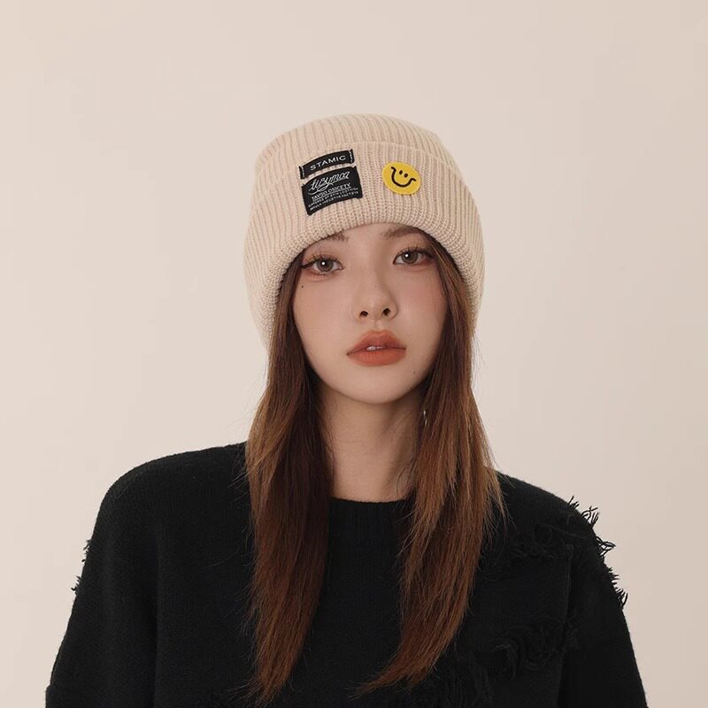 LULU Giraffе洋气毛线帽子百搭显脸小加厚秋冬女笑脸贴布针织帽