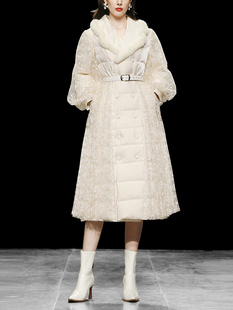 DUDK冬季2022新款女装杏色灯笼袖中长款白鸭绒羽绒服加厚收腰过膝