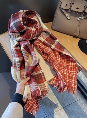 【正品】Coor Koor圣诞色双面羊绒围巾女红格披肩毛边设计长款围