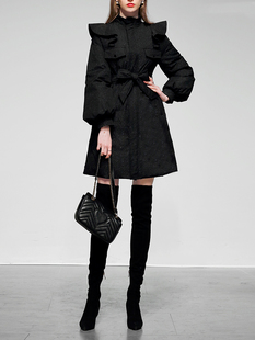 DUDK冬季2022新款女装时尚气质优雅黑色荷叶边显瘦白鸭绒羽绒服女