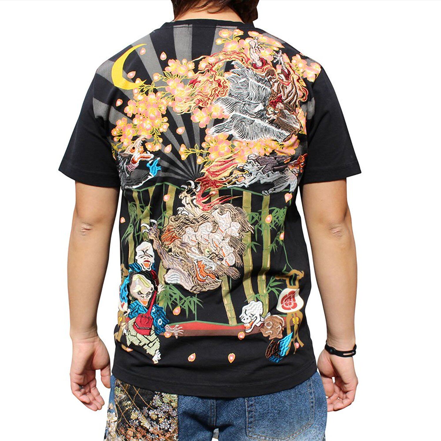 仏喜罗坊 出口日本刺绣圆领短袖t恤和柄浮世绘横须贺纹身绣花刺青