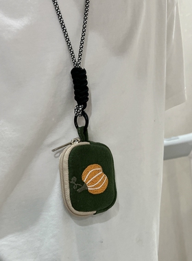 适用于苹果AirPods1/2/3代4代pro三代无线蓝牙耳机保护套绿色刺绣南瓜藤布艺小包防尘包防划拉链包挂脖耳机包