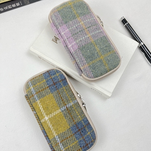 布邑粗纺格子毛呢笔包三支装笔袋钢笔套收纳大容量文具笔袋拉链包