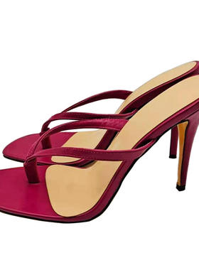 货源欧美女士外贸大码玫红PU夹趾人字高跟拖凉鞋夏季Y2012011