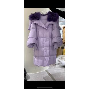 韩版皮草羽绒服女中长款23天使之翼大狐狸毛领高端奢华鹅绒服冬@