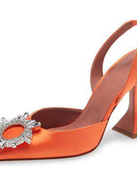 外贸大码橙色沙丁Slingbacks高跟宴会时装单鞋尖头露跟水钻搭扣