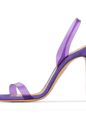 新款 绿色紫色PVC细高跟一脚蹬凉鞋圆头露趾露跟时尚高跟鞋外贸