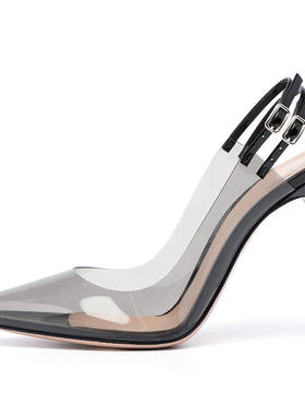 时尚细高跟尖头透明PVC单鞋黑漆皮Slingbacks欧美女士外贸大码