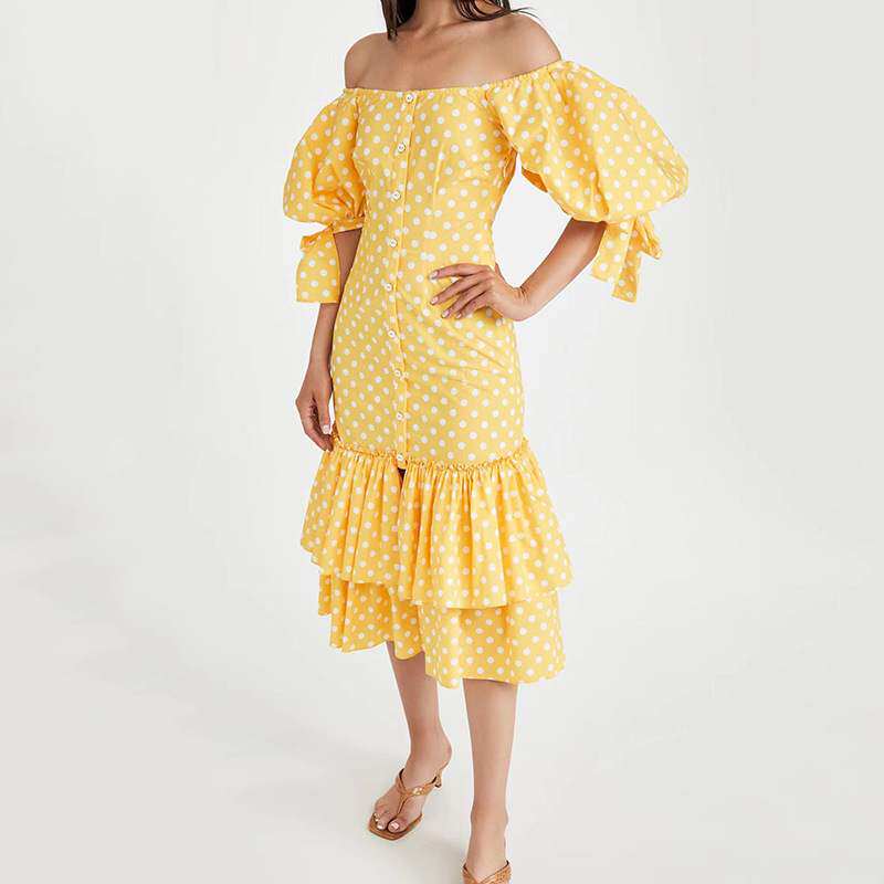 新款欧美甜美少女风长款2024春季一字肩波点叉开荷叶边连衣裙女潮