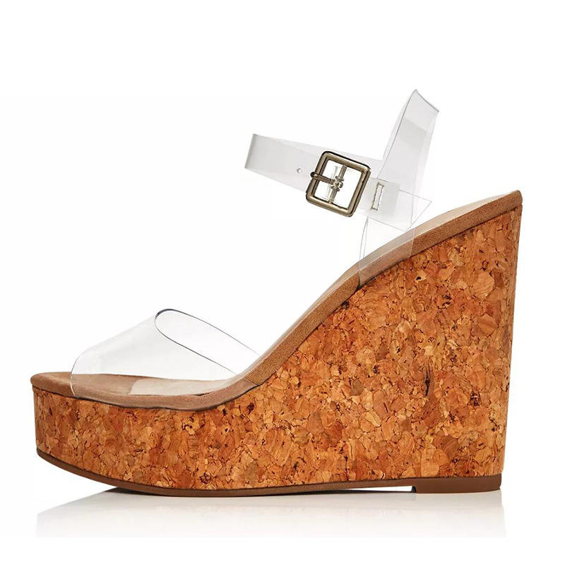 坡跟包软木透明PVC搭扣高跟凉鞋外贸大码下单现做时装凉鞋仿皮