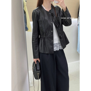 欧洲站2026春圆领绵羊皮真皮小众外套25365 立体蝴蝶结皮衣