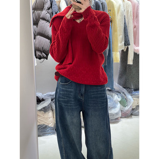 百搭时髦羊毛钩花厚实上衣3036 欧洲站冬季 V领坑条围巾毛衣