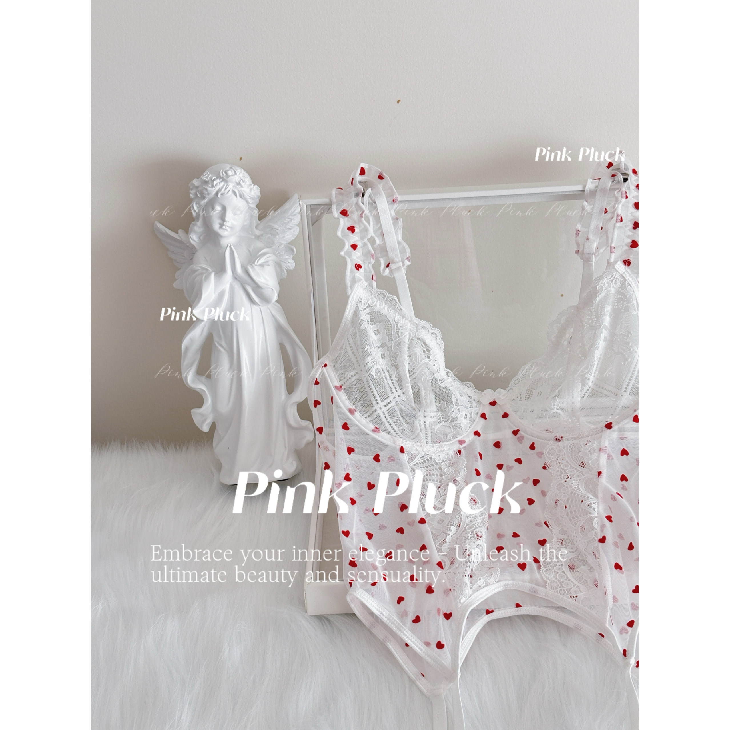 Pink Pluck*晴天*吊带女爱心蕾丝纯欲情趣连体透视套装可内搭