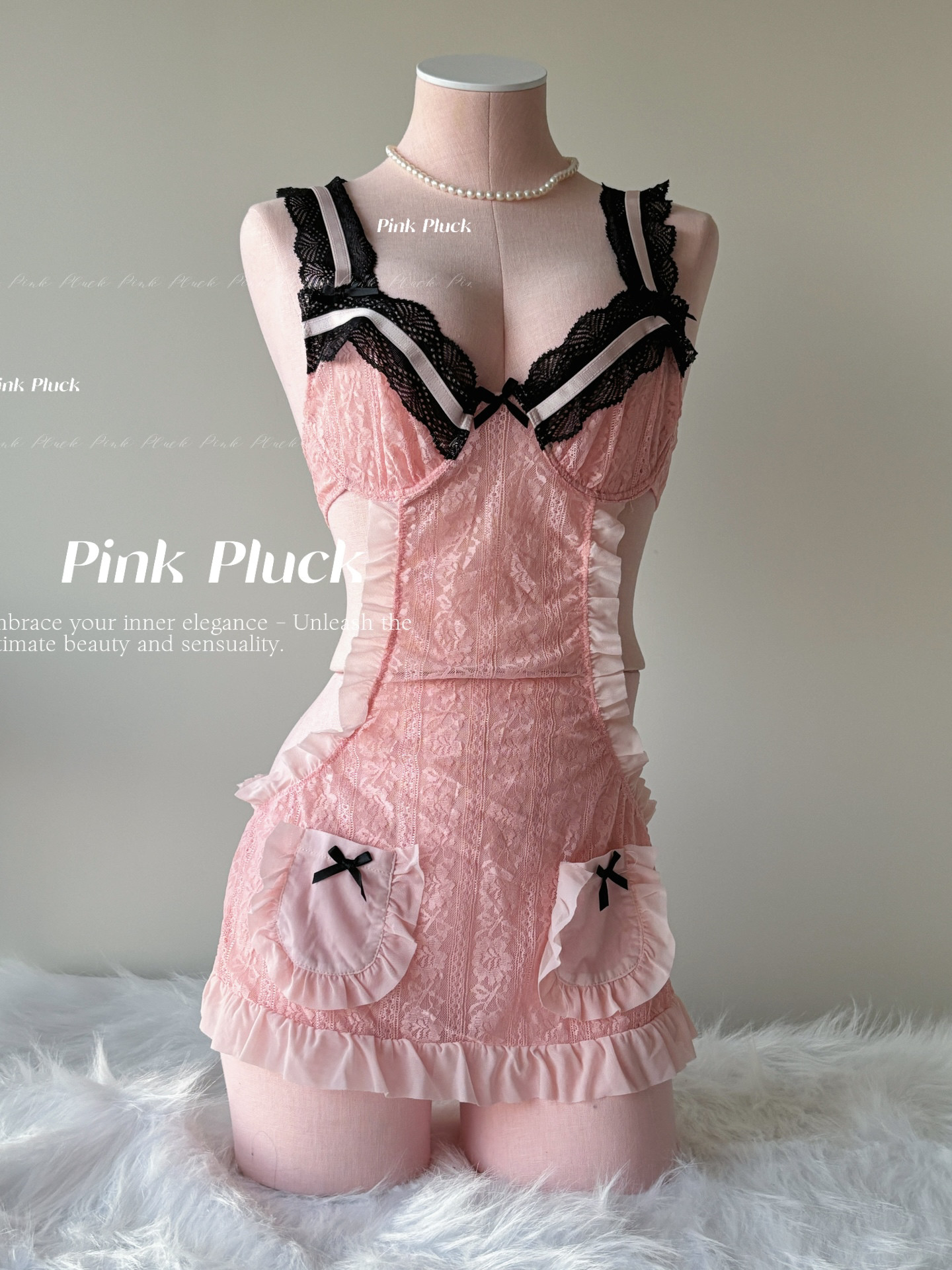 Pink Pluck*暗黑小猫* 高级蕾丝性感镂空露背诱惑吊带睡裙超纯欲