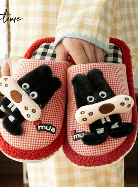 创意玩偶立体大牙狗棉拖鞋女冬可爱少女心毛毛防滑居家情侣地板拖