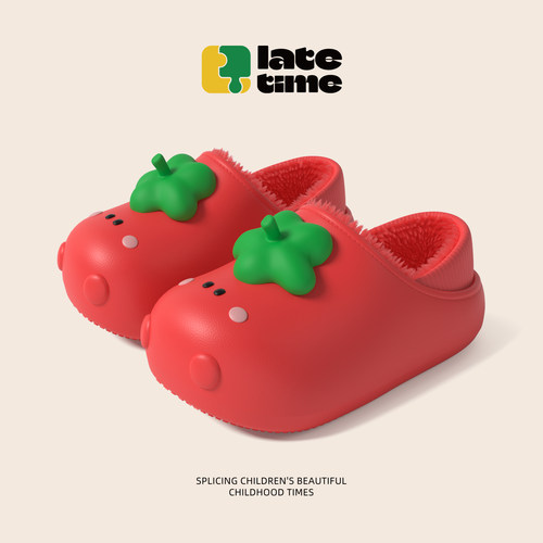 latetime西红柿防水儿童棉拖鞋