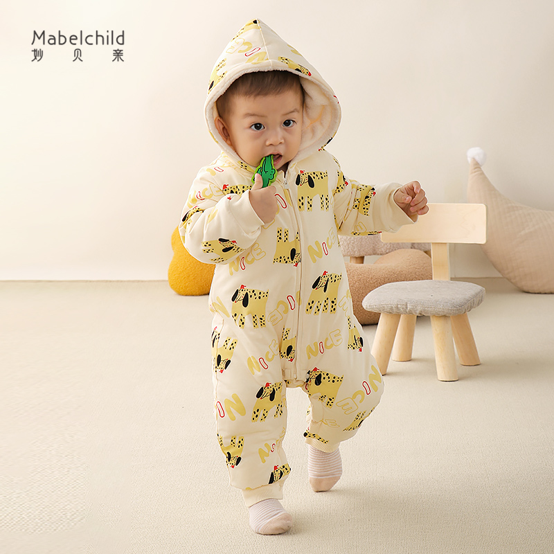 斑点狗加绒加厚连帽棉服连体衣