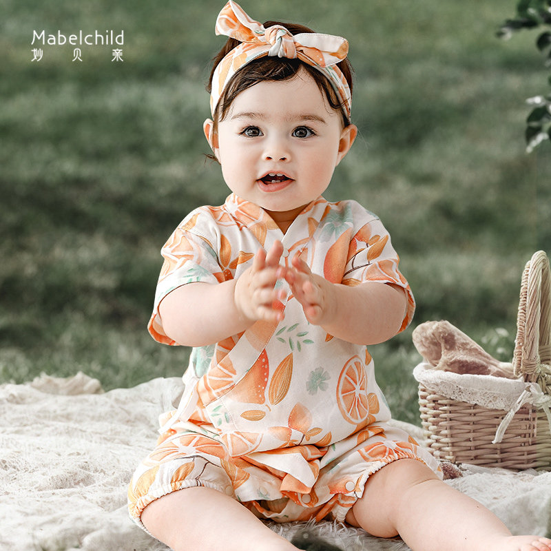 妙贝亲夏季天竹纱布婴儿连体衣短袖薄款宝宝哈衣爬服新生儿夏装