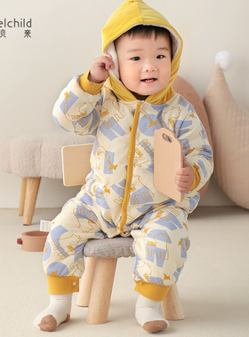 妙贝亲冬季加厚棉服婴儿连体衣保暖加绒外出连帽哈衣夹棉宝宝棉服