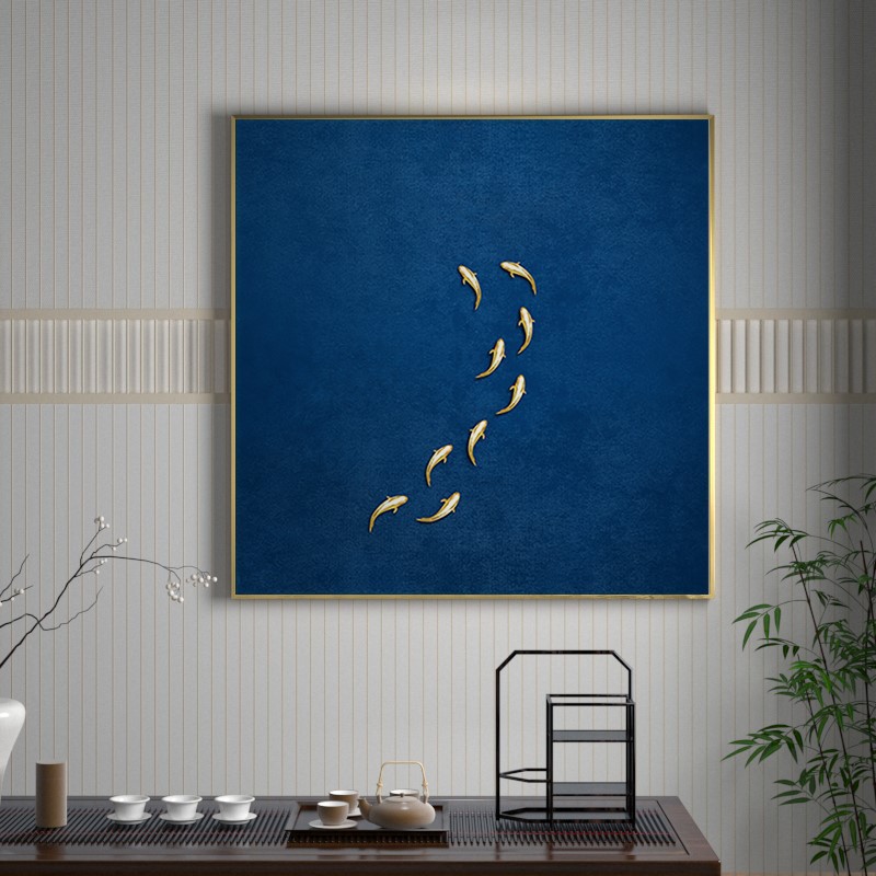 新中式正方形装饰画蓝色九鱼图抽象极简客厅入户玄关背景墙壁挂画图片