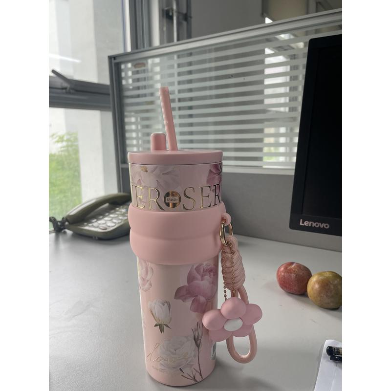露思同款不锈钢保温杯锦绣繁花喝水杯大容量运动水杯吸管杯冰霸杯