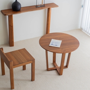 西拾 缅甸柚木圆桌实木桌椅组合小户型客厅圆茶几边几侘寂风茶桌