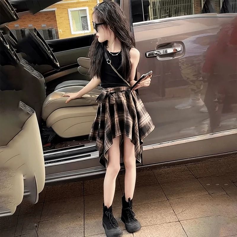 女童个性露背背心不规则格子半身裙套装2025夏款中大童裙裤甜酷风