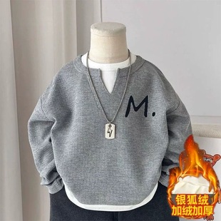 男童假两件上衣加绒2025新款帅气儿童装长袖t恤中大童v领卫衣冬装