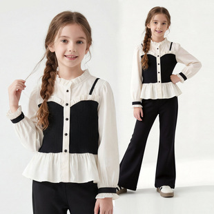 儿童韩系穿搭大童女孩洋气衬衫 女童秋装 套装 2026新款 两件套 喇叭裤