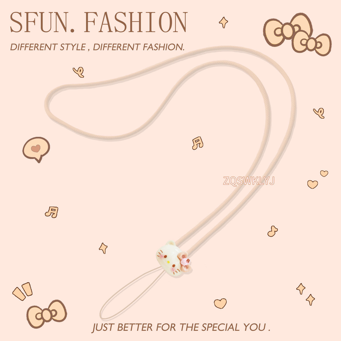 SFUN手机挂脖长挂绳硅胶可爱凯蒂猫u盘耳机女挂件链饰ccd米色KT头