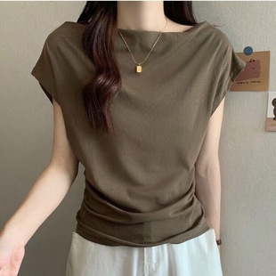 纯欲风辣妹一字肩短袖 显瘦体恤港味上衣 T恤女夏季 设计感小众修身