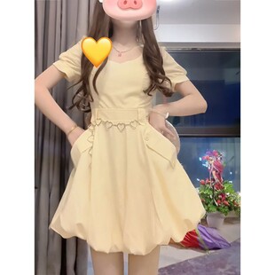 法式 显瘦收腰蓬蓬裙花苞裙子 甜美奶黄色口袋连衣裙女学生夏季 新款