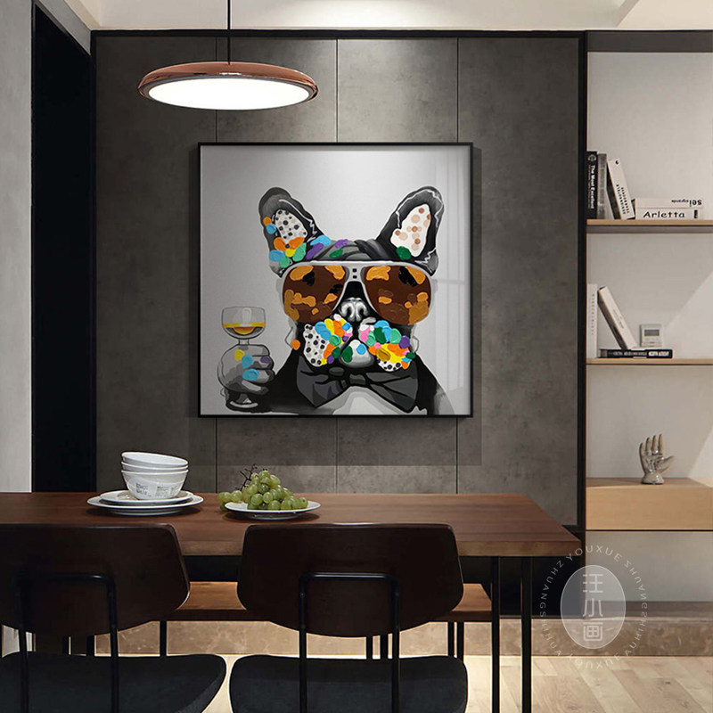 现代简约饭厅装饰画饭厅餐桌墙上挂画单幅卧室玄关墙面壁画酒杯狗