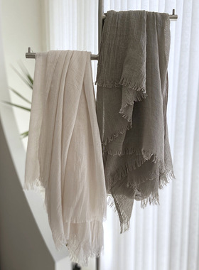 春秋冬季棉麻围巾女士冬天时尚纯色长款大尺寸纱巾妈妈文艺沙滩巾