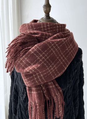 秋冬季棉麻围巾秋冬格子围巾女冬季高级感新款百搭保暖情侣围脖