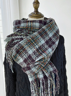 秋冬季棉麻围巾格子围巾女高级感情侣加厚披肩韩版仿羊绒学生美