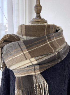 秋冬季棉麻围巾格子围巾女秋冬新款韩国复古披肩日系学生仿羊绒