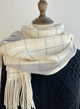 秋冬季棉麻围巾格子围巾女秋冬百搭新款英伦经典仿羊绒两用围脖