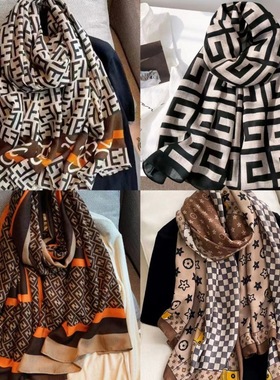 秋冬季棉麻围巾一件代发直播棉麻印花围巾女秋冬季柔软亲肤围脖