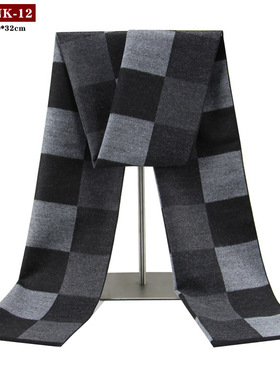 秋冬季棉麻围巾黑灰色男士围巾冬季保暖仿羊绒围巾男休闲格子长