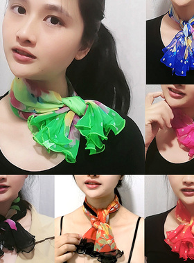 荷叶边小方巾女士春秋冬季时尚职业小领巾雪纺仿真丝木耳边小丝巾