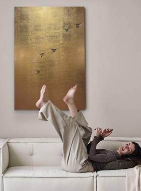 《百灵》宋代美学风挂画金箔工艺画鎏金画古画客厅空间画玄关挂画