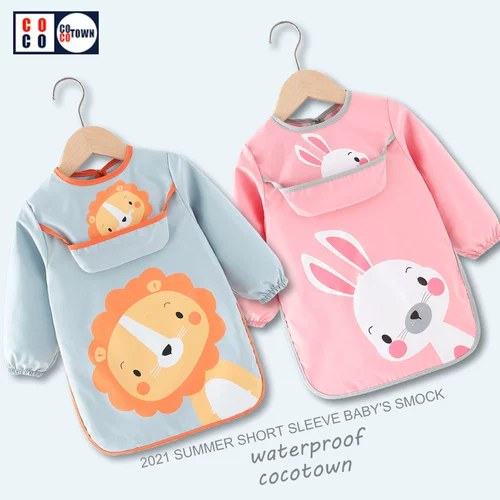 Детский осенний водонепроницаемый фартук для еды для мальчиков, сзади на завязках, с карманом, анти-грязь