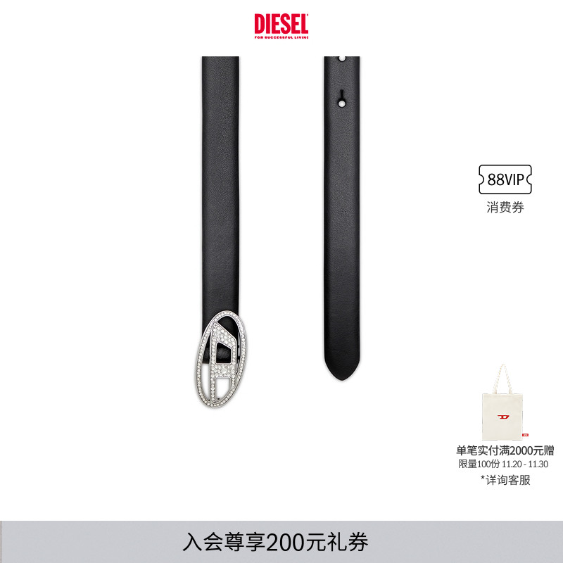 DIESEL女士25秋冬OVAL D黑色皮带腰带X09972P6364