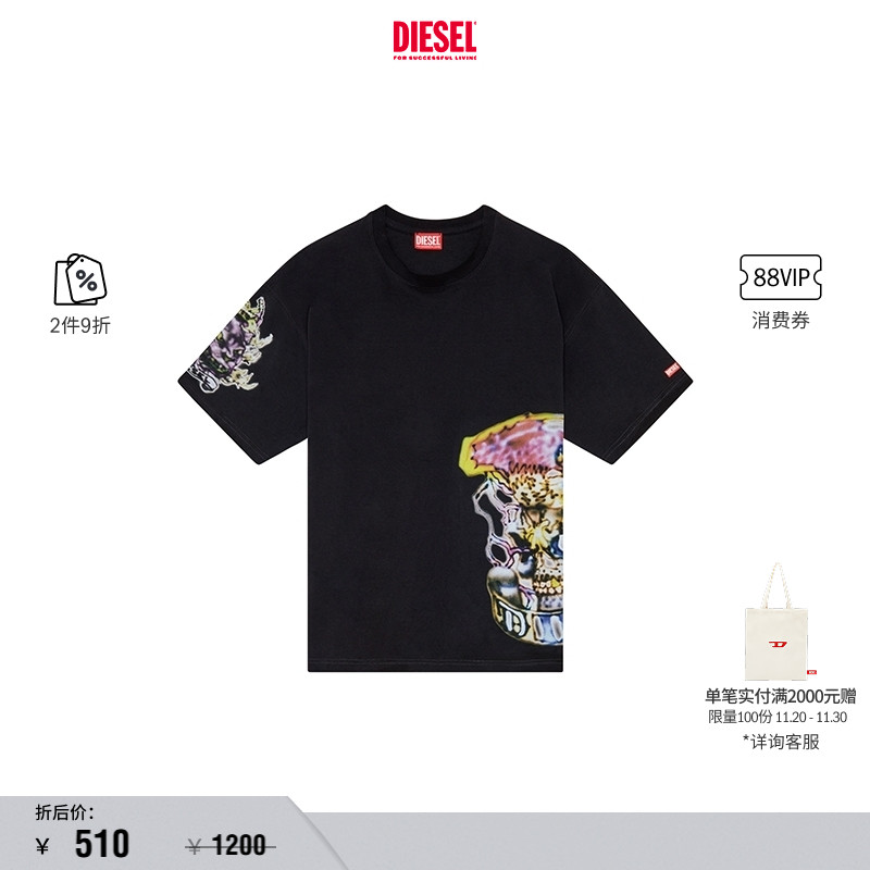 [折扣]DIESEL男女同款中性彩色印花黑色短袖T恤A150100AKAK