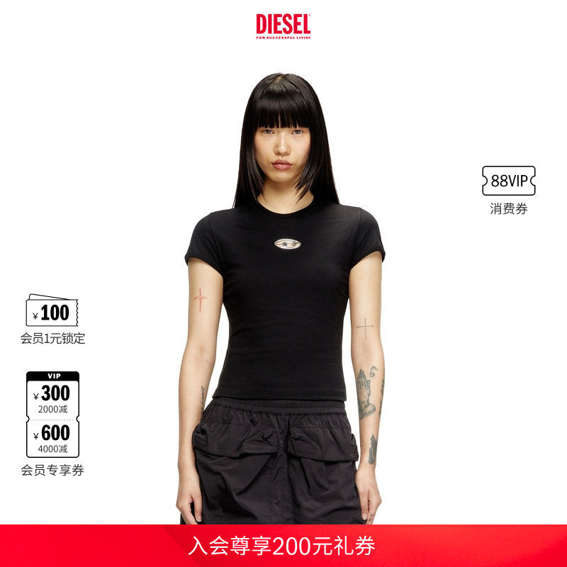 DIESEL女士OVAL D黑色白色圆领短袖T恤A168390CLBR