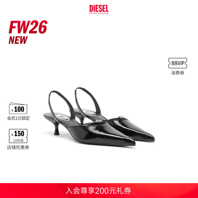 [新款]DIESEL女士26早秋黑色OVAL D低跟高跟鞋Y03864P1966