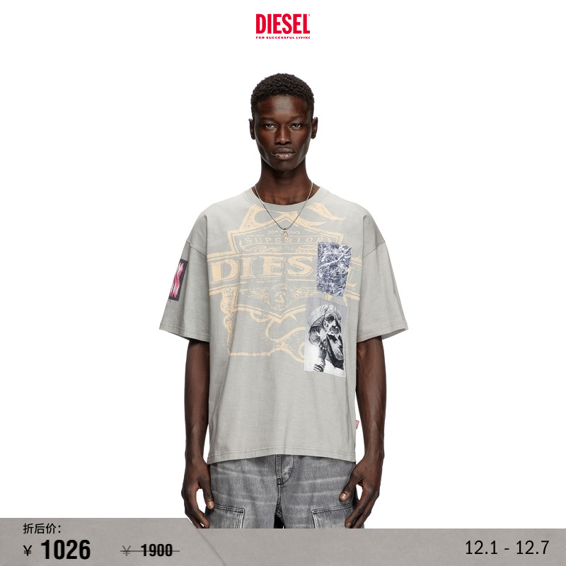 [折扣]DIESEL男女同款补丁设计圆领短袖T恤A161620PLAT