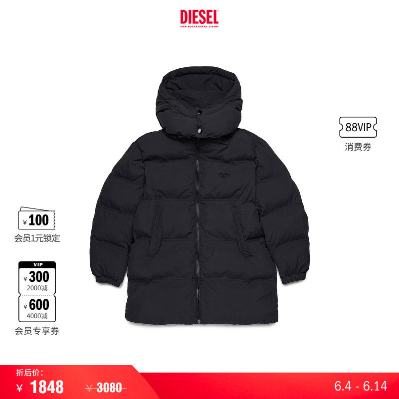 [折扣]DIESEL男女童黑色中长款连帽棉服外套J02396KXBQ0